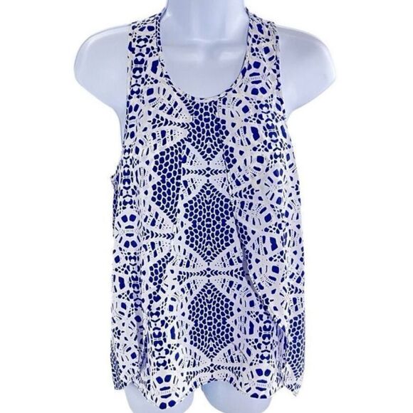 Parker Blue & White Abstract 100% Silk Sleeveless Razorback Blouse - Picture 1 of 5